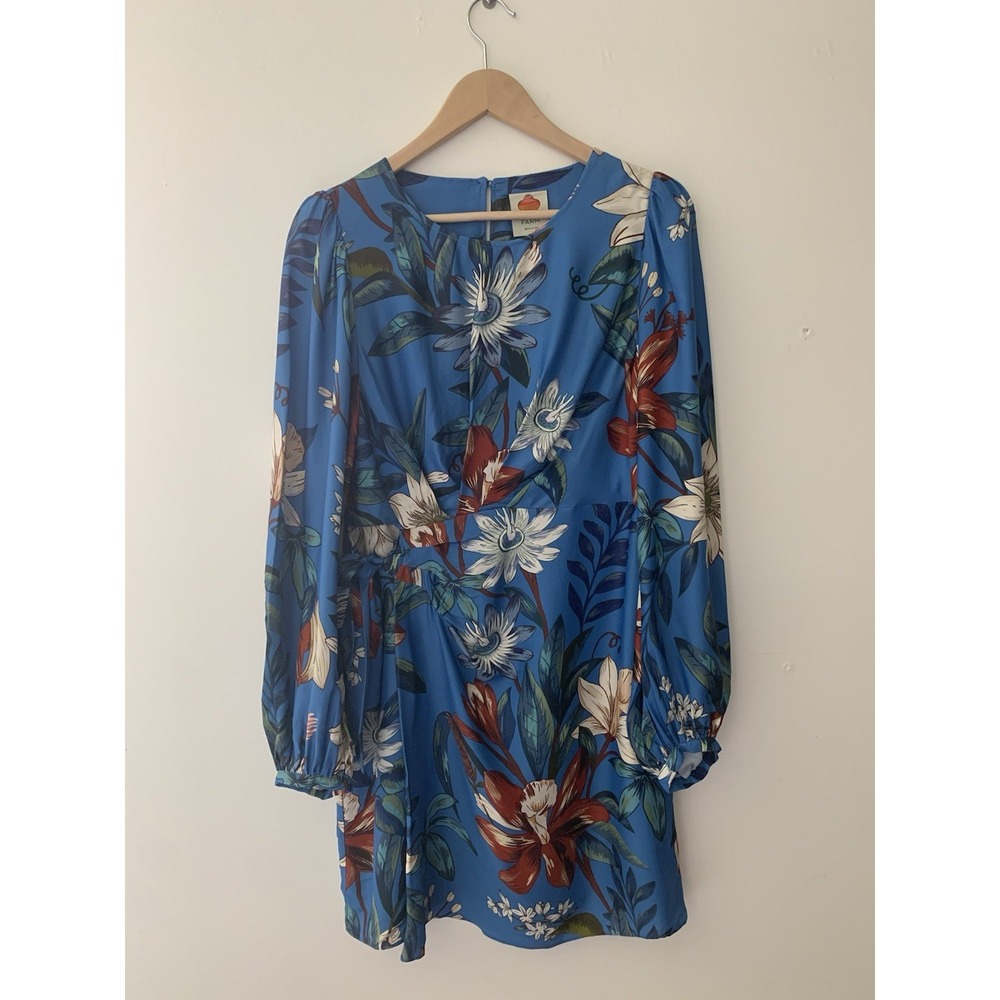 Farm Rio Blue Surreal Flower Wrap Mini Dress L Botanical Romantic Resort Summer